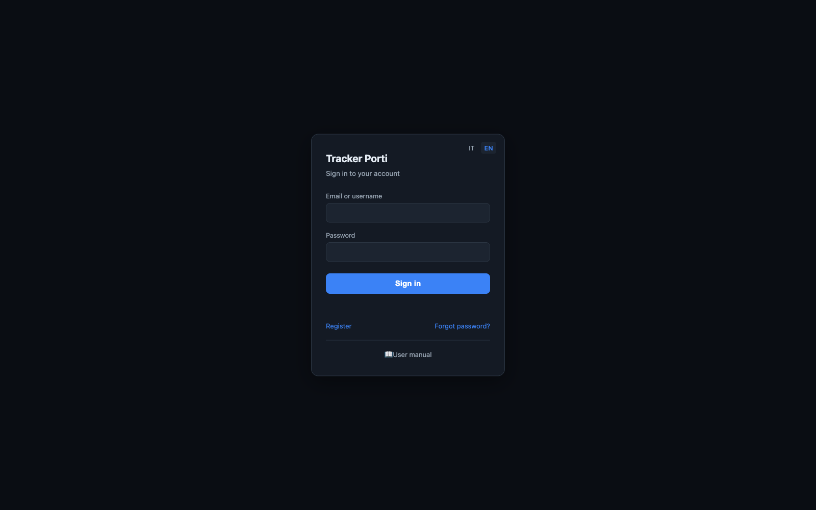 Login screen: Email or username and Password fields, with Register and Forgot password links.