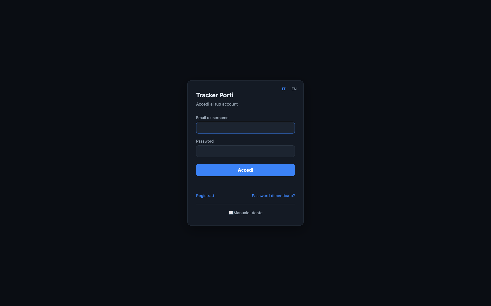 Schermata di accesso: campi Email o username e Password, con i link Registrati e Password dimenticata.
