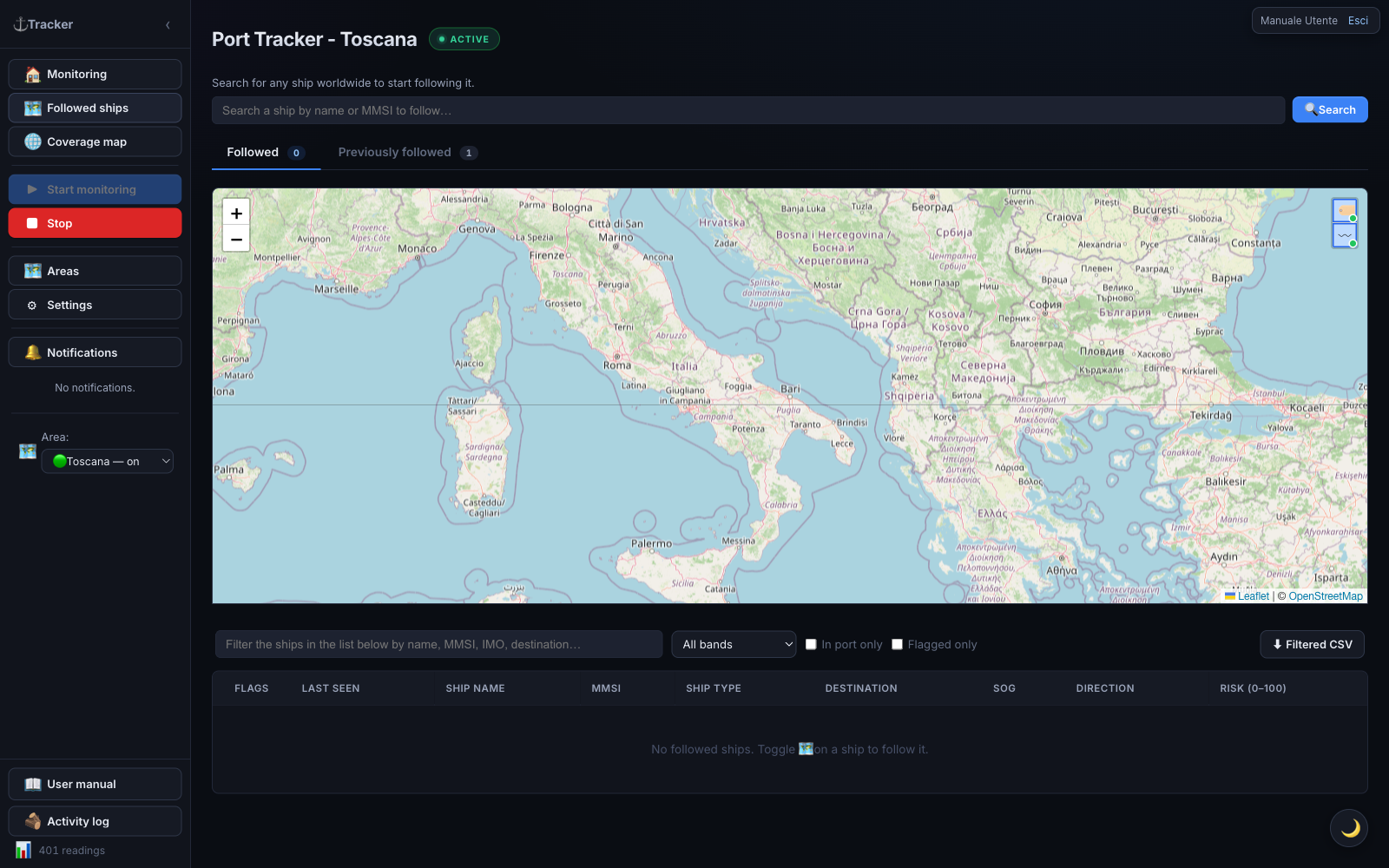 Followed ships section, Followed sub-tab: list of currently tracked ships with status badges.