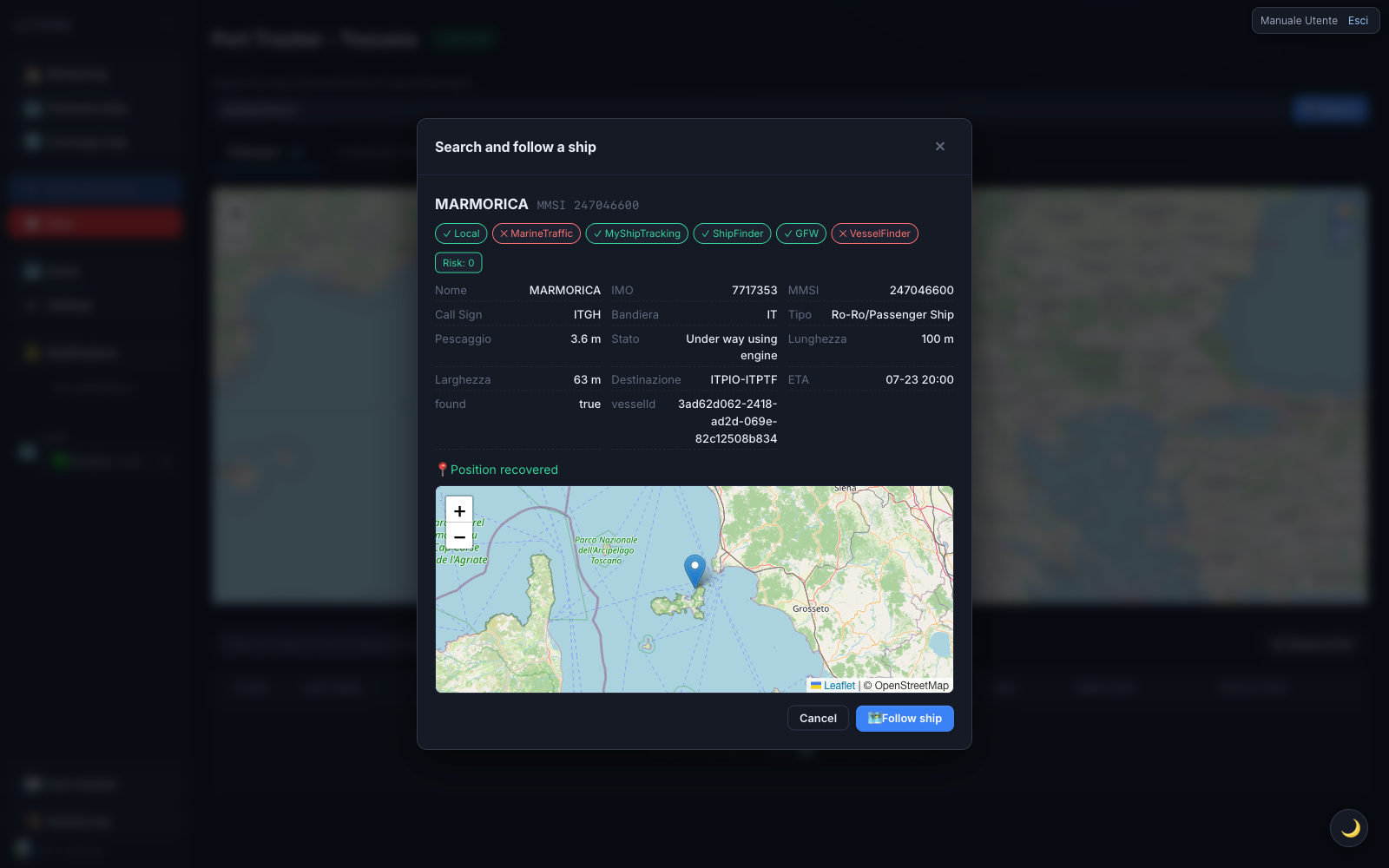 Ship search results window: identity, data from external sources, and incoming live position.