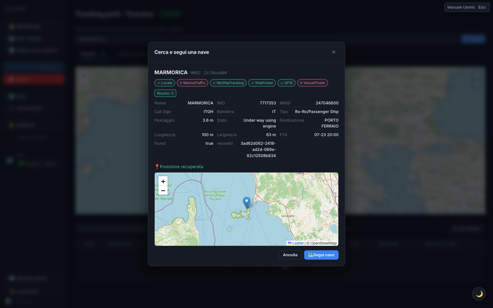 Finestra dei risultati di ricerca nave: identità, dati dalle fonti esterne e posizione live in arrivo.