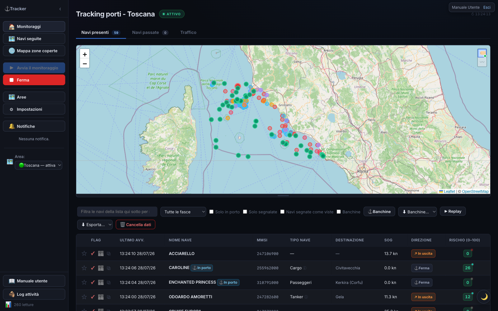Scheda Navi presenti: mappa con i marker delle navi e tabella dettagliata sotto.