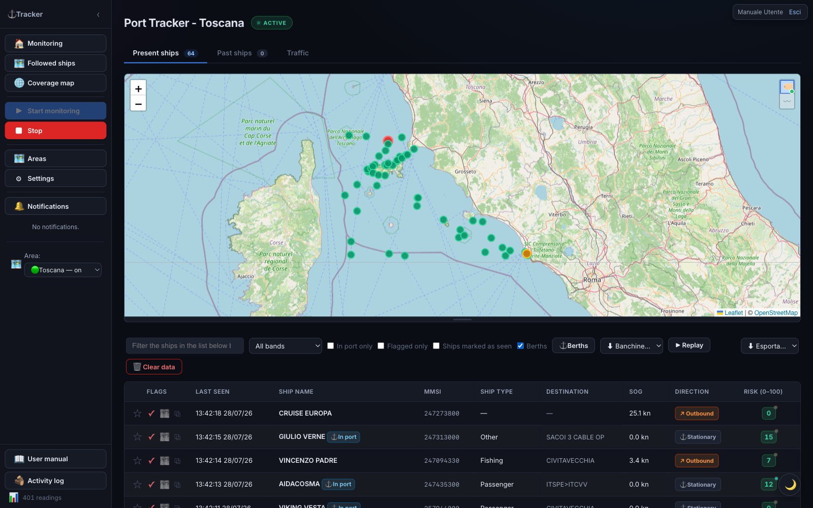 Berths tab: colored polygons on the map representing moorings characterized by ship category.