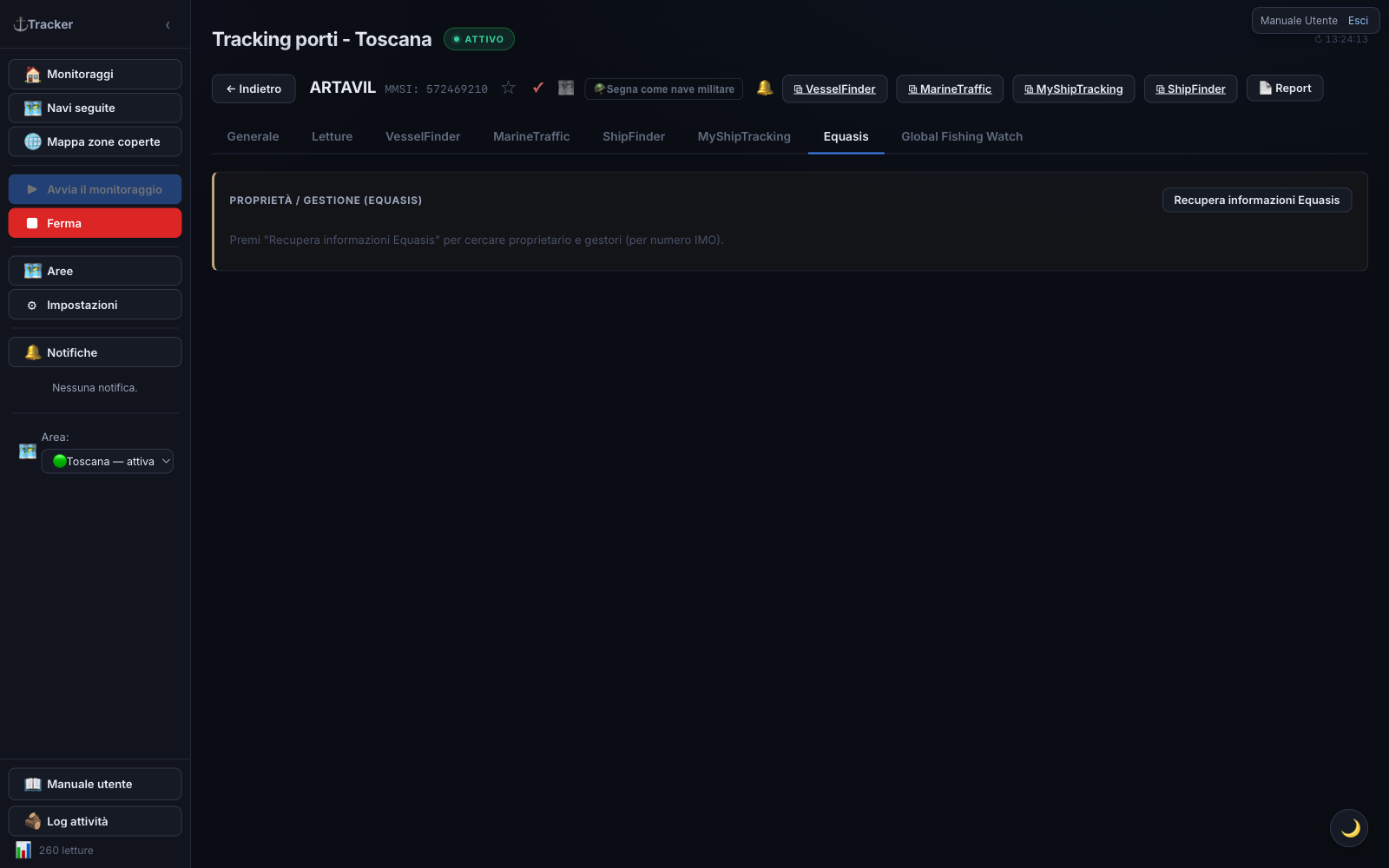 Dettaglio nave — tab Equasis (Proprietà / gestione), con pulsante di recupero e dati su proprietario, gestore e operatore.