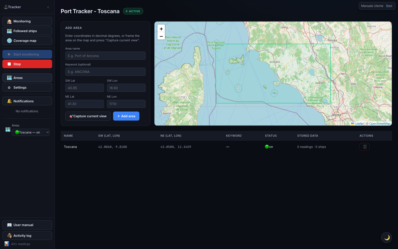 Areas screen: Add area panel, map with area rectangles, and table with coordinates and status.