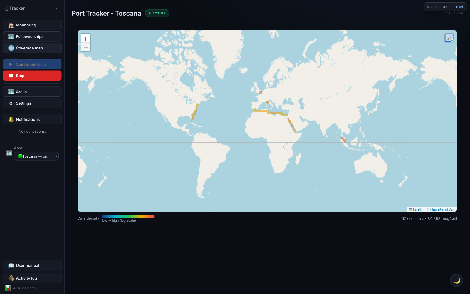 World coverage map: grid colored from blue (few AIS messages) to red (many).