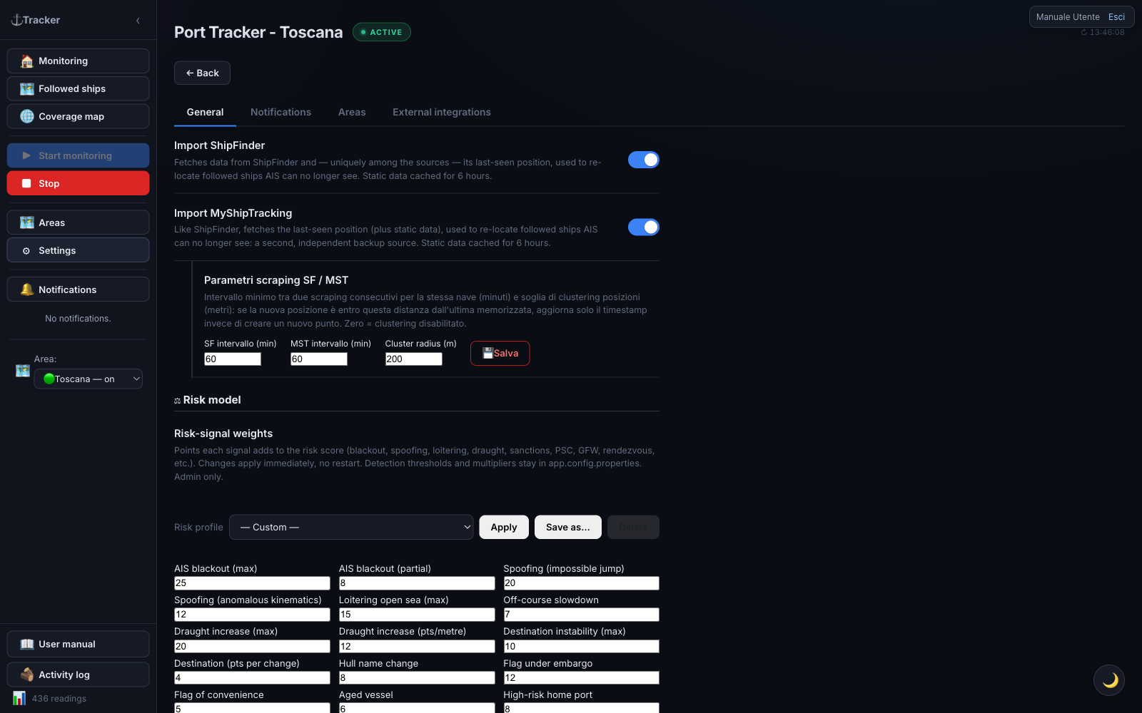 Settings — General tab: data source toggles, sanctions/PSC screening, notifications, and map overlay.