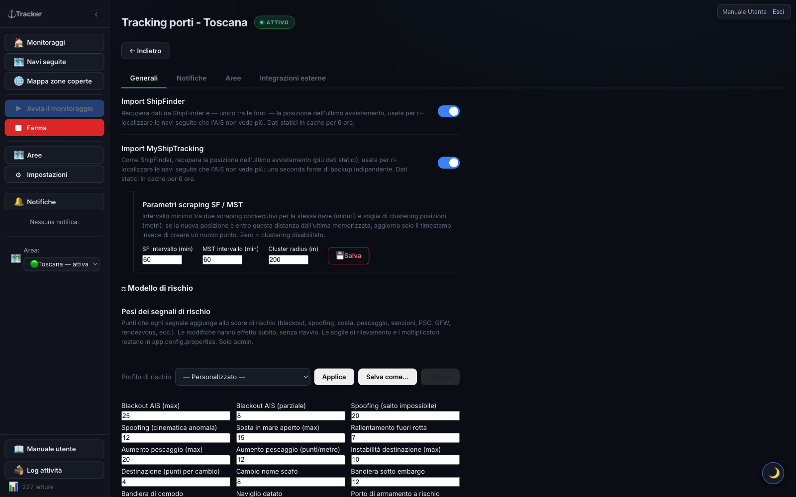 Impostazioni — scheda Generali: toggle delle sorgenti dati, screening sanzioni/PSC, notifiche e overlay mappa.