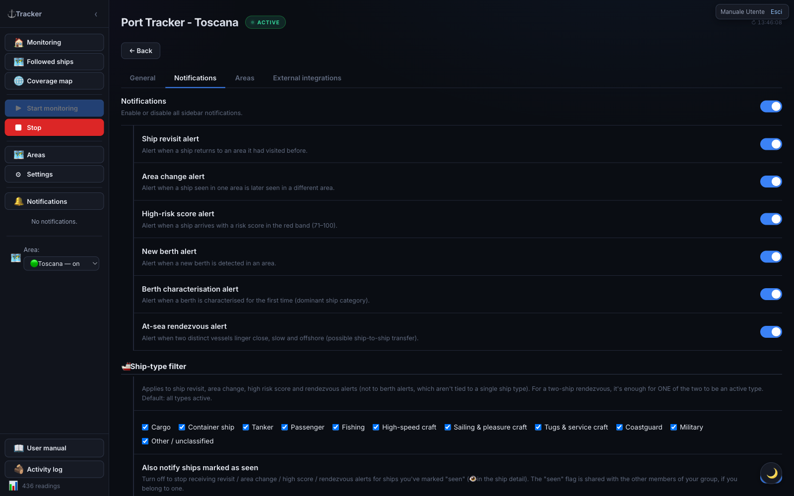Settings — Notifications tab: per-category switches, ship-type filter, and the “seen” flag.