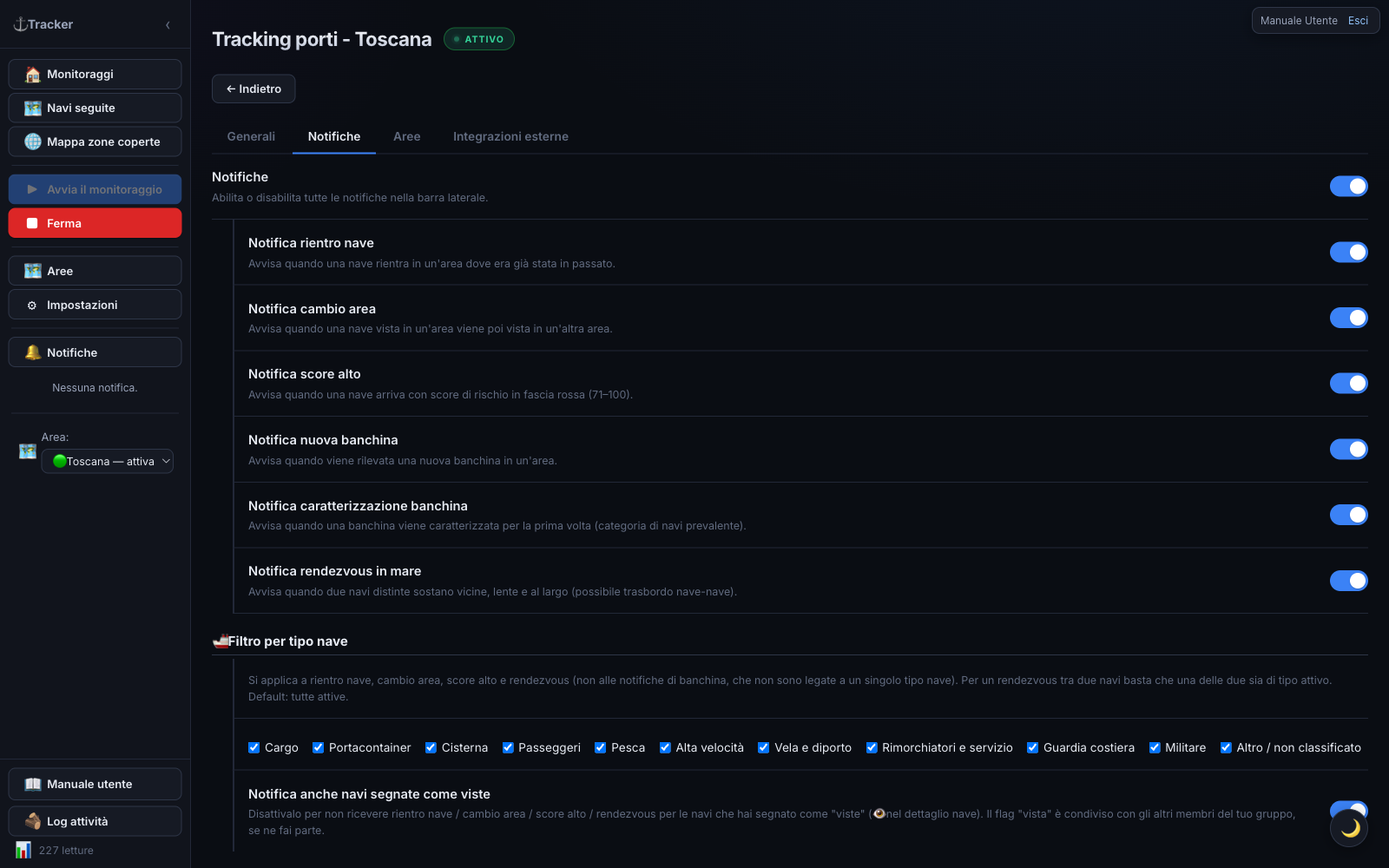 Impostazioni — scheda Notifiche: interruttori per categoria, filtro per tipo nave e flag “vista”.