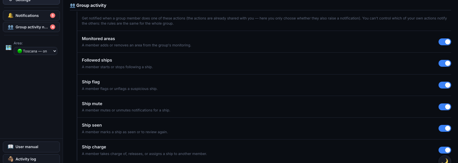 Settings — Notifications tab: “Group activity” section with one switch per category.