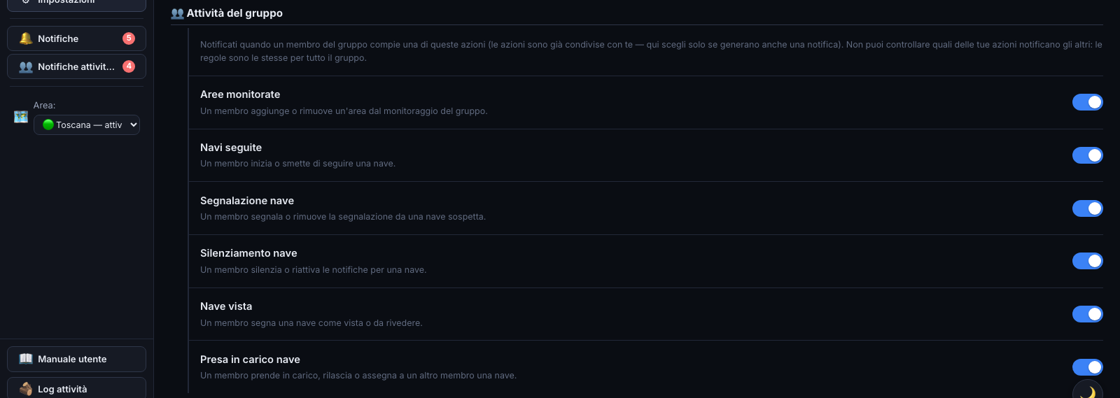 Impostazioni — scheda Notifiche: sezione “Attività del gruppo” con un interruttore per categoria.