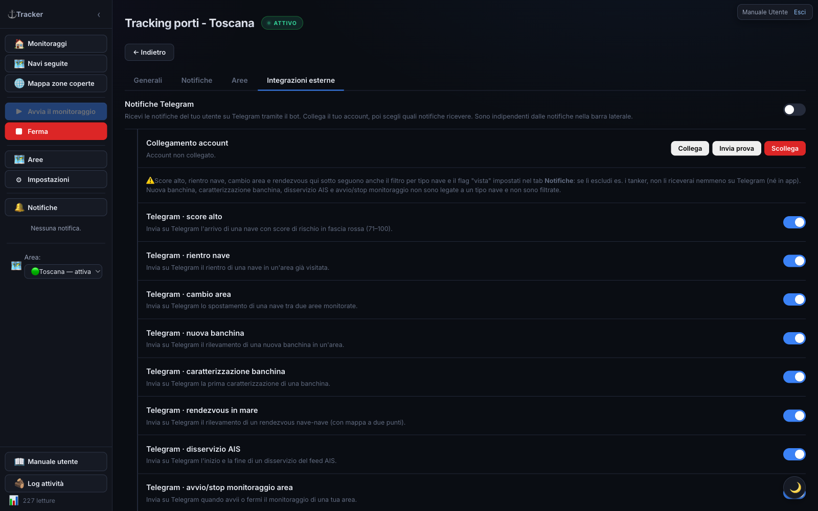 Impostazioni — scheda Integrazioni esterne: collegamento Telegram e configurazione dei webhook in uscita.