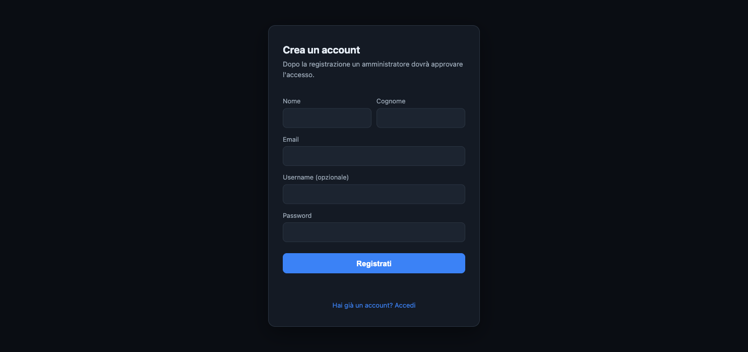 Schermata di registrazione: nome, cognome, email, username facoltativo e password.