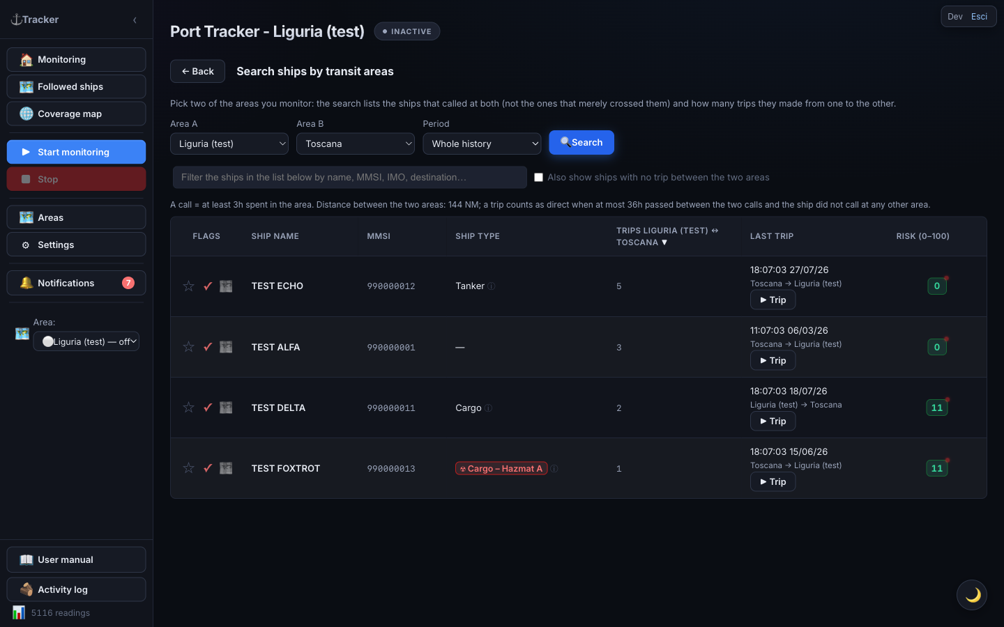 Search ships by transit areas: the two area pickers, period and the results table.