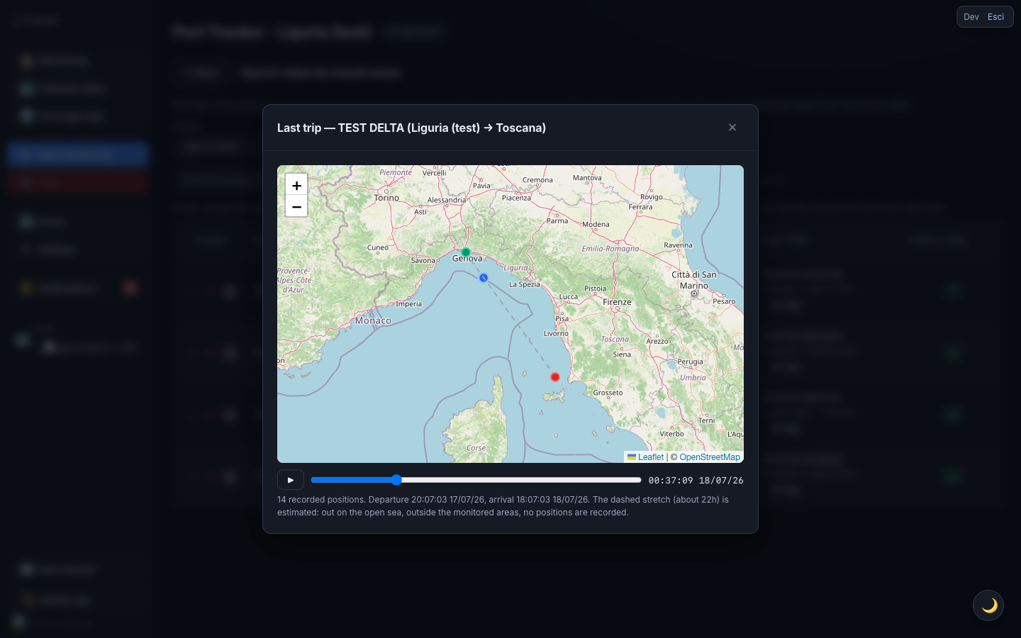 Last-trip replay window: map with departure, arrival and the estimated stretch.