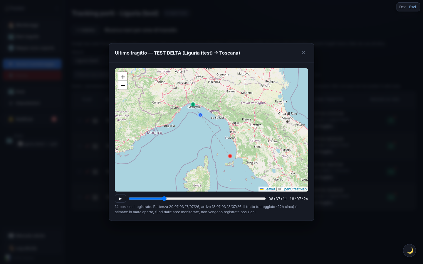 Finestra del replay dell’ultimo tragitto: mappa con partenza, arrivo e tratto stimato.